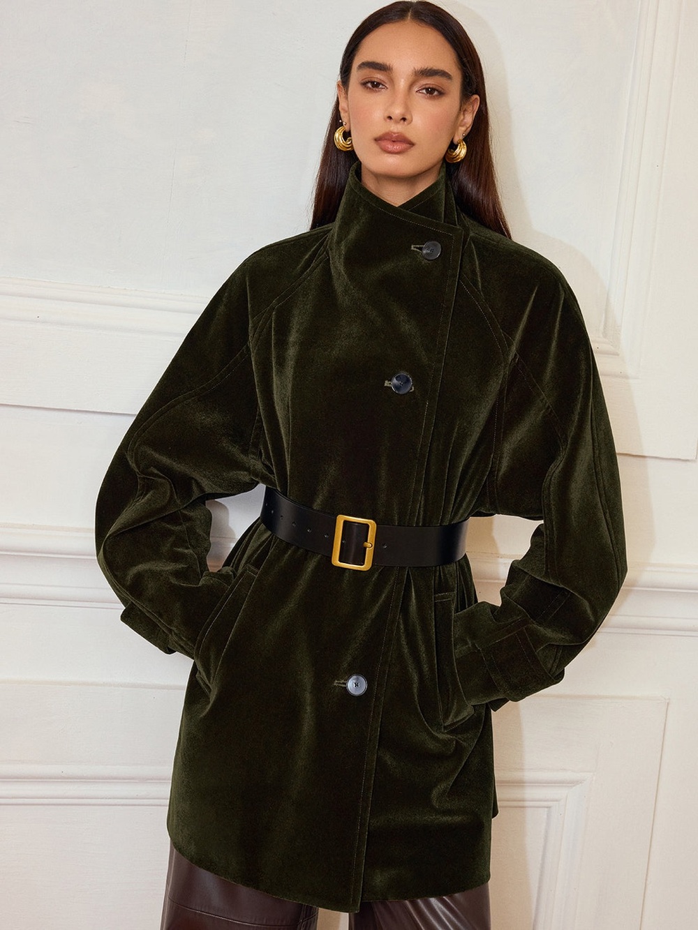 Commense Olive Green Velvet trench Coat Jacket XS NWT no belt